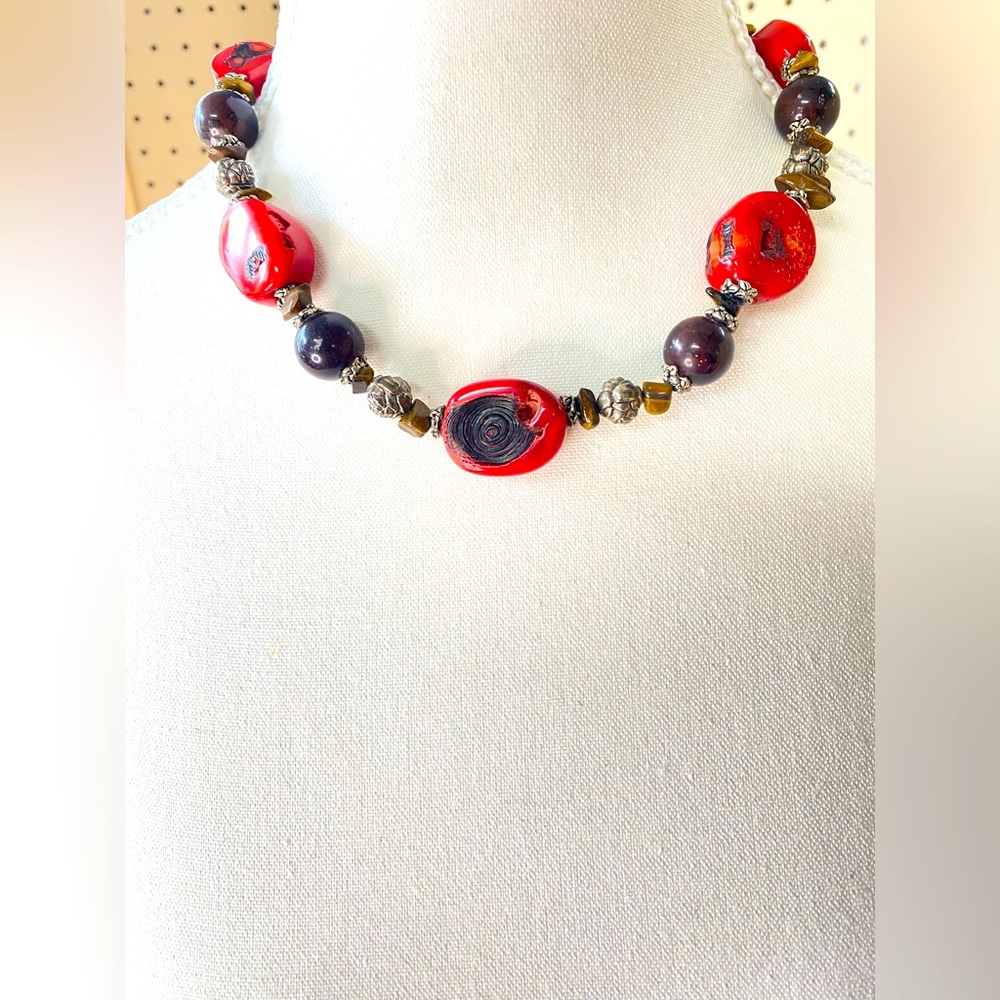 Coral and tigers eye necklace